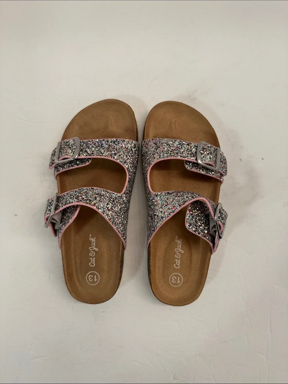 Cat & Jack Girls Glitter Double Buckle Sandals Pink Trim Size 13